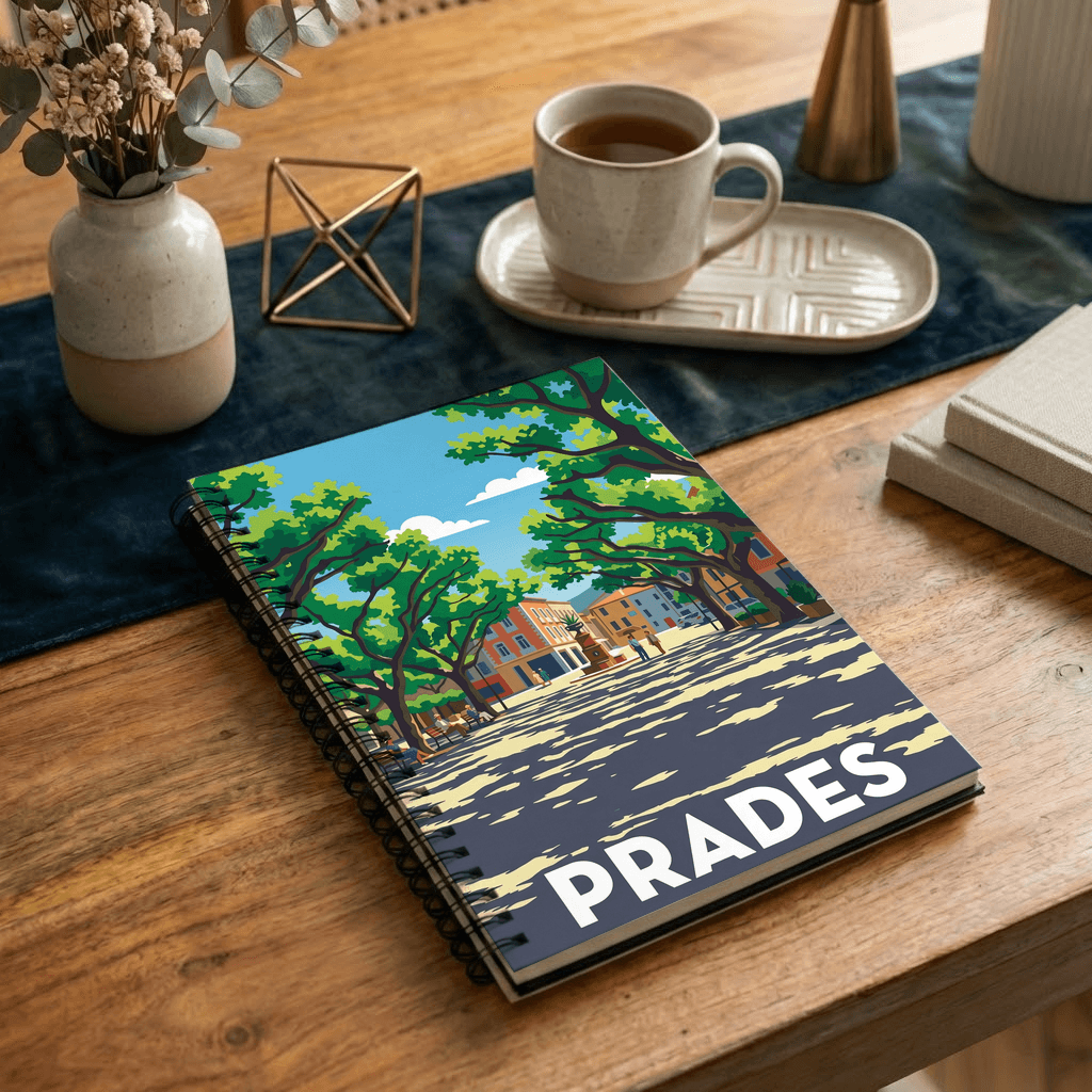 Carnet souvenir de la ville de Prades avec une illustration stylisée d'une place arborée.