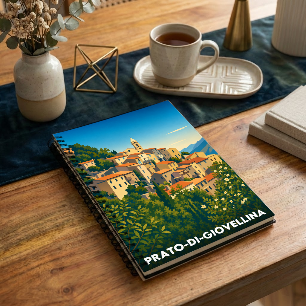 Carnet souvenir de la ville de Prato-di-Giovellina avec une illustration stylisée du village.