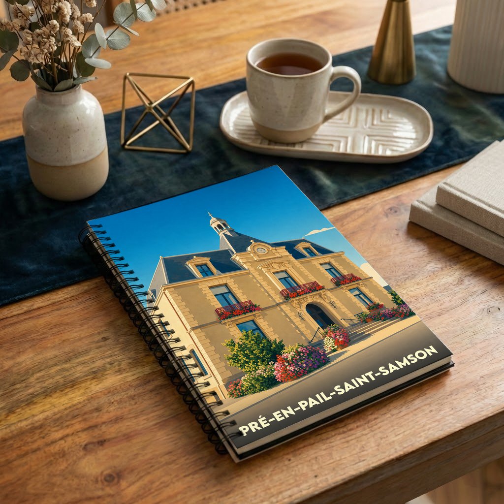 Carnet à spirales souvenir de la ville de Pré-en-Pail-Saint-Samson avec une illustration stylisée de son hôtel de ville.