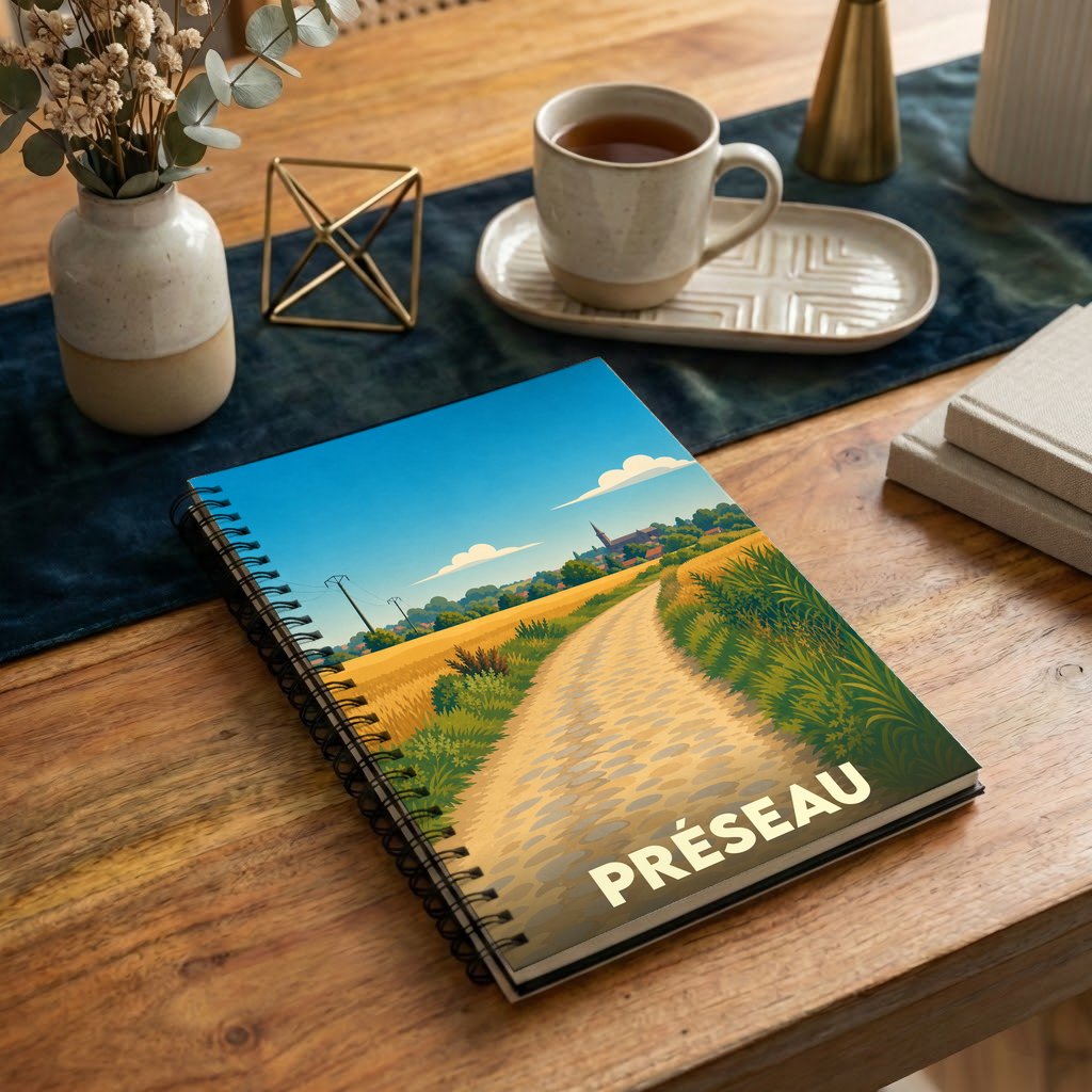 Carnet souvenir de la ville de Préseau avec une illustration stylisée d'un chemin de campagne.