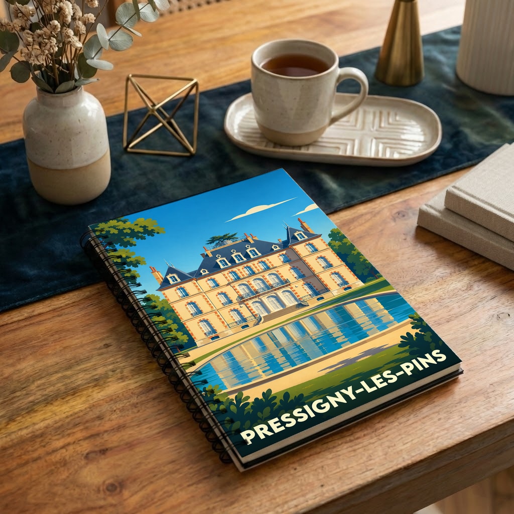 Carnet de notes souvenir de la ville de Pressigny-les-Pins avec une illustration stylisée de son château.