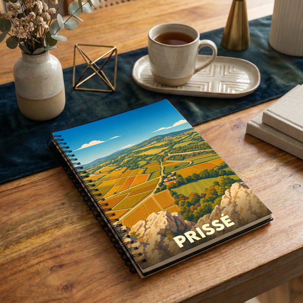 Carnet souvenir de la ville de Prissé illustré d'un paysage de vignobles stylisé.