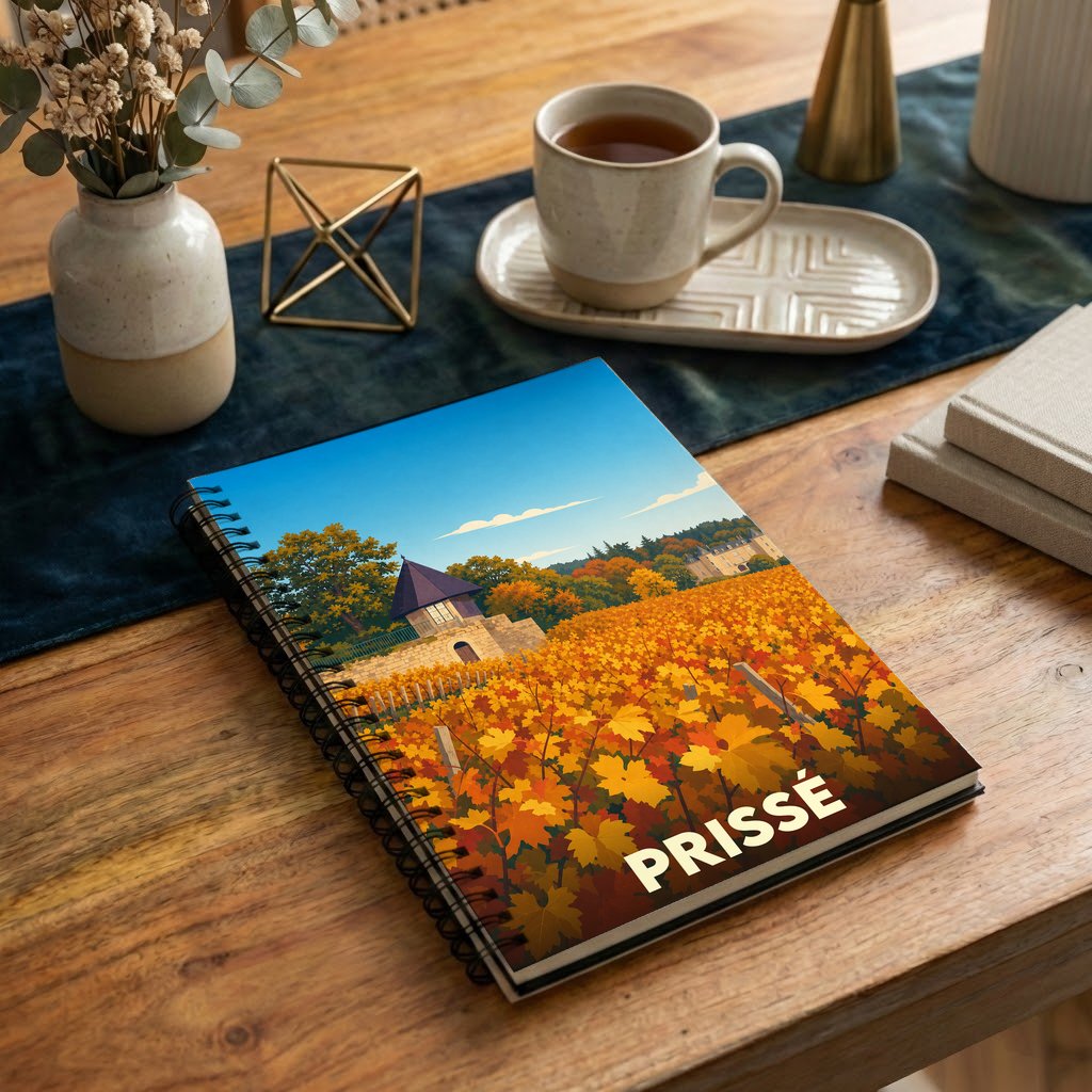 Carnet souvenir de la ville de Prissé avec une illustration stylisée d'un vignoble en automne.