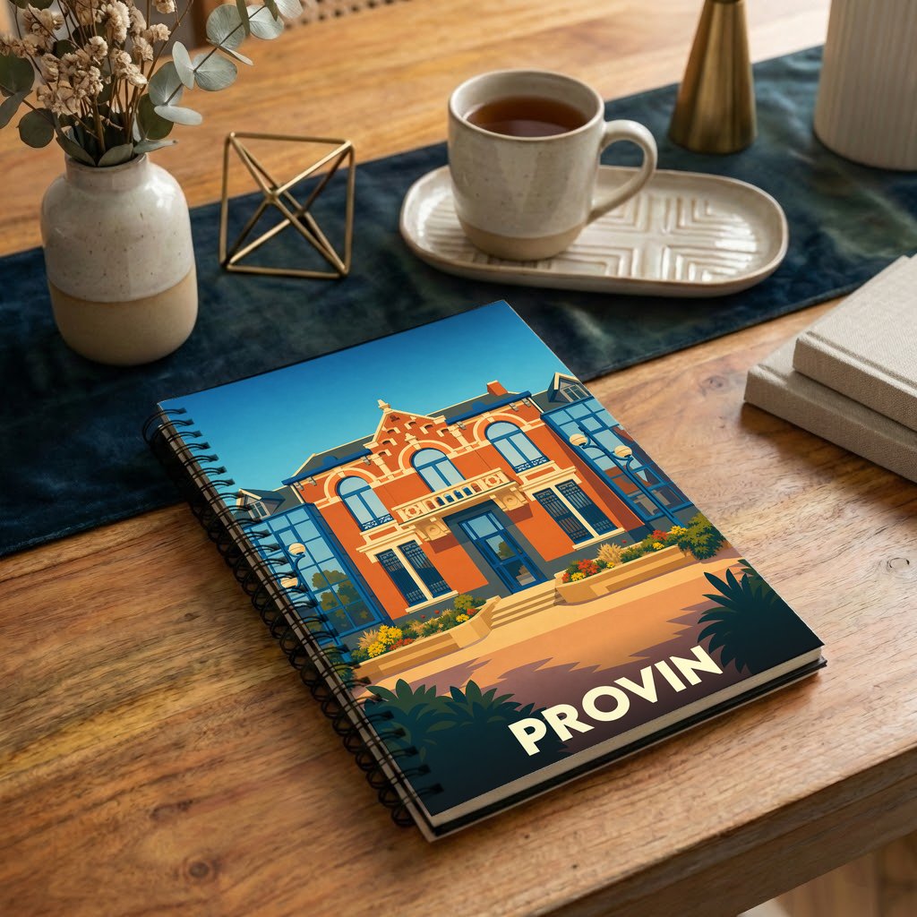 Carnet souvenir de la ville de Provin avec une illustration stylisée de son architecture.
