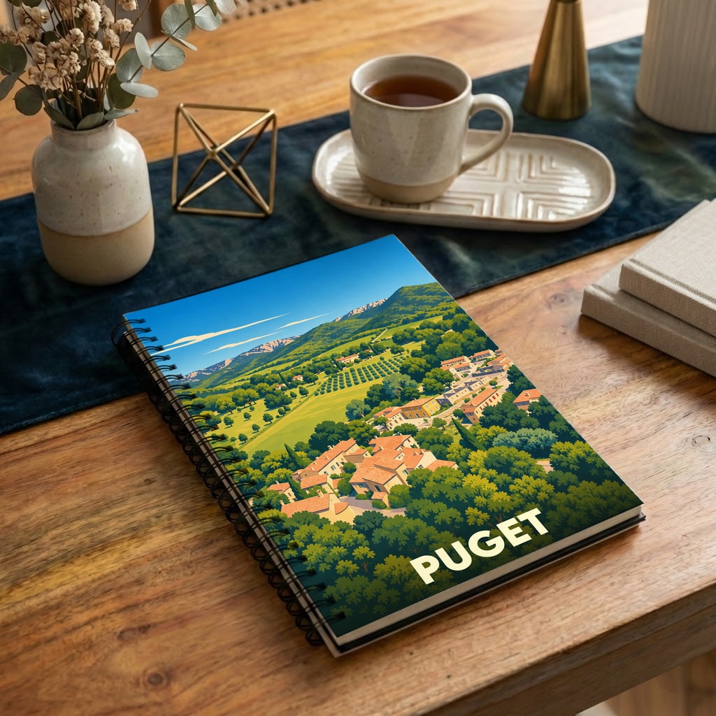 Carnet souvenir de la ville de Puget orné d'une illustration paysagère stylisée.