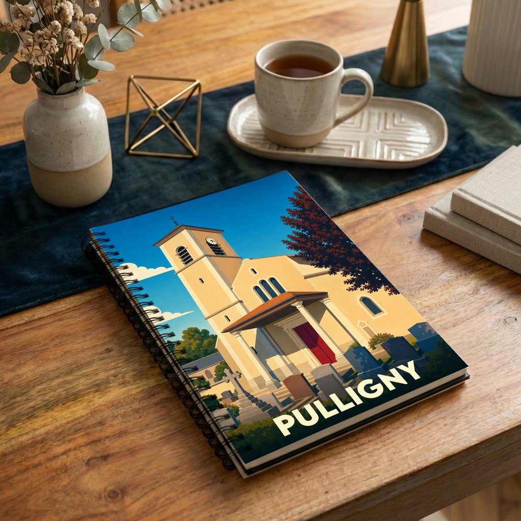 Carnet à spirales souvenir de la ville de Pulligny avec une illustration stylisée de son église.