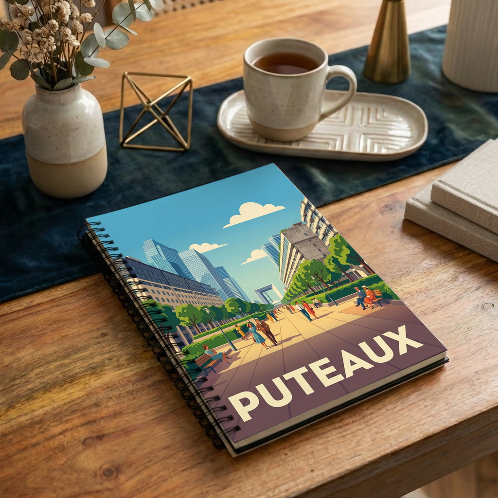 Carnet souvenir de la ville de Puteaux avec une illustration stylisée.