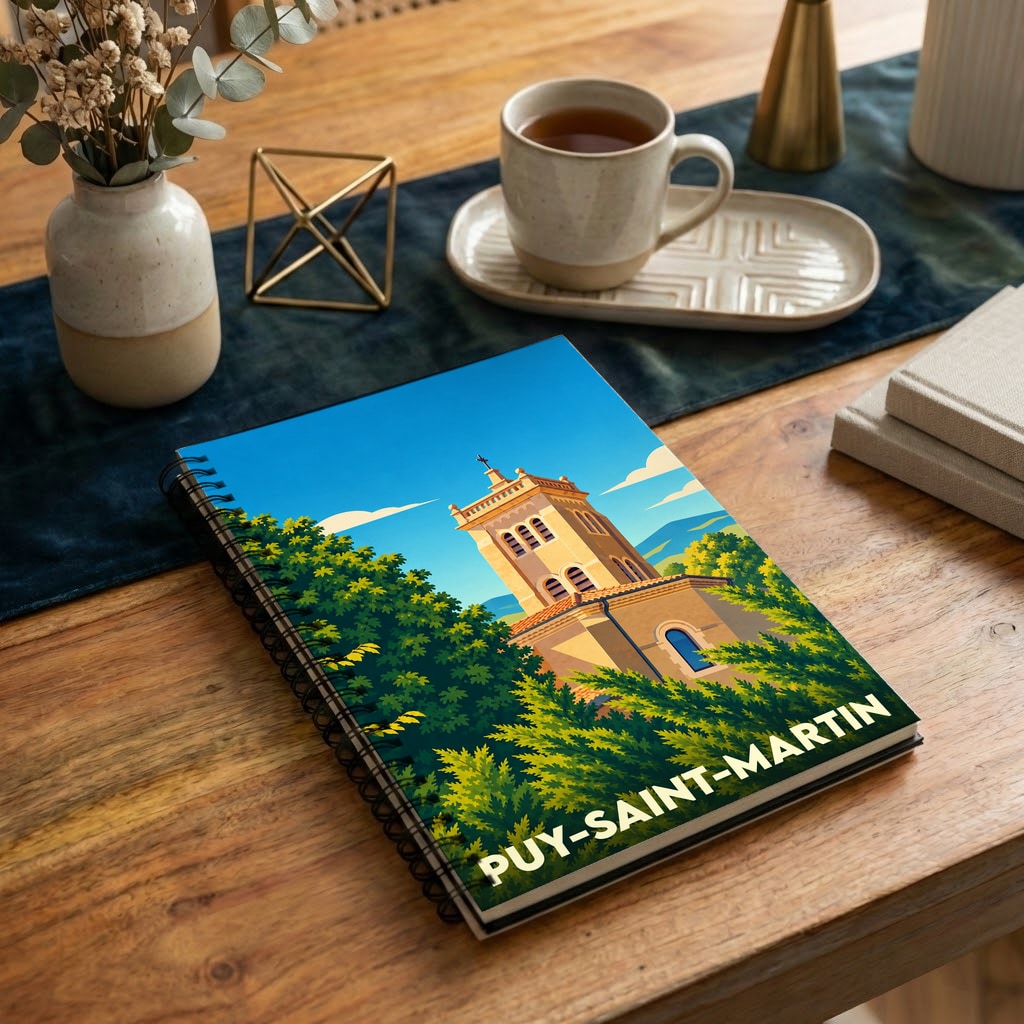 Carnet souvenir de la ville de Puy-Saint-Martin avec une illustration stylisée de son église entourée de verdure.