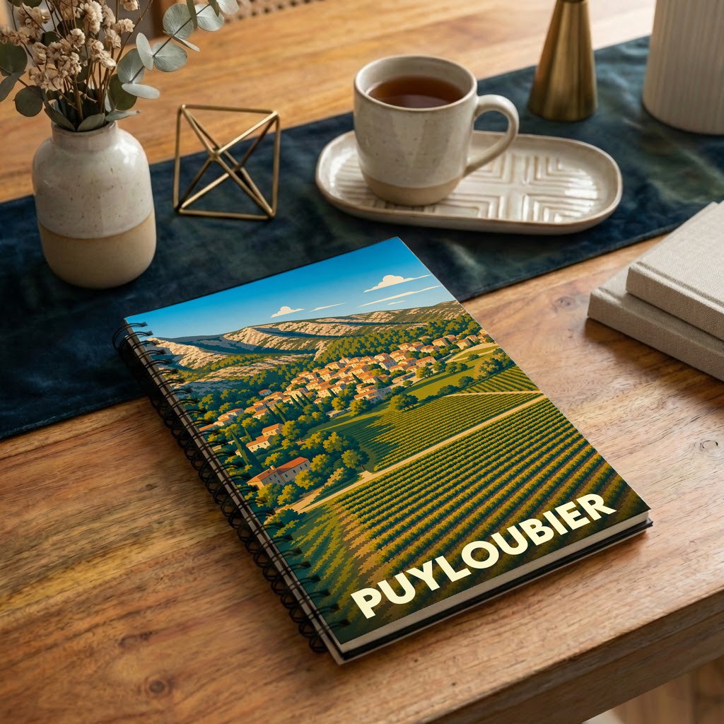 Carnet à spirale souvenir de la ville de Puyloubier avec une illustration stylisée de ses vignobles et paysages.