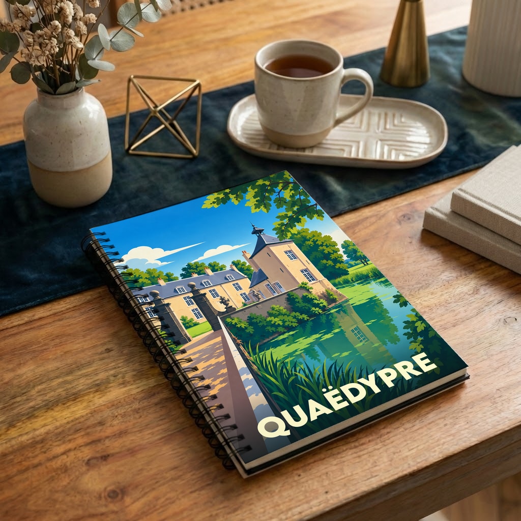 Carnet souvenir de la ville de Quaëdypre orné d'une illustration stylisée de son château.