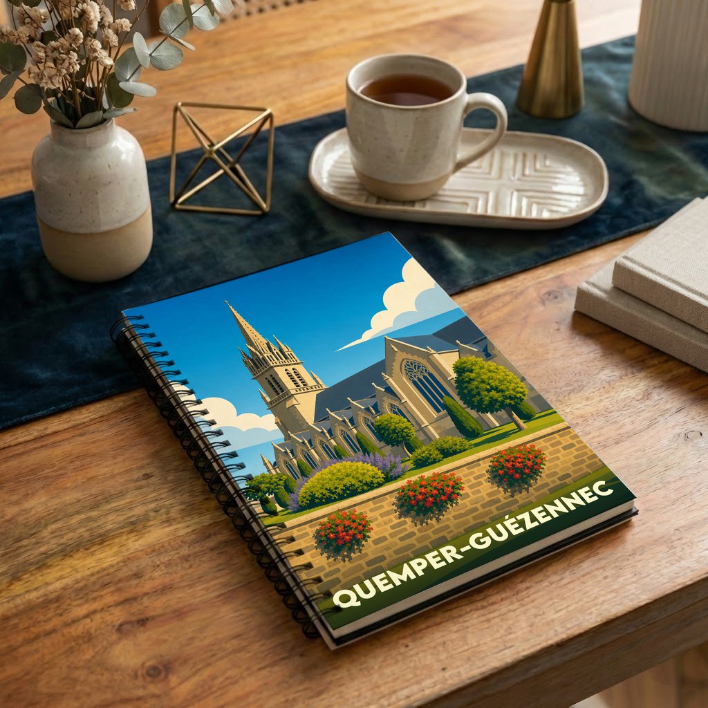 Carnet à spirale souvenir de la ville de Quemper-Guézennec illustré d'une vue stylisée de son église.