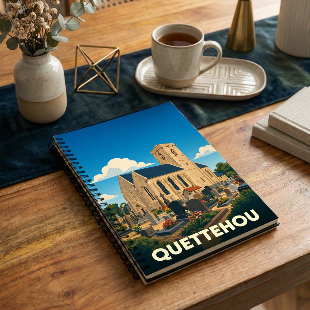 Carnet souvenir de la ville de Quettehou avec une illustration stylisée de son église et de son cimetière.