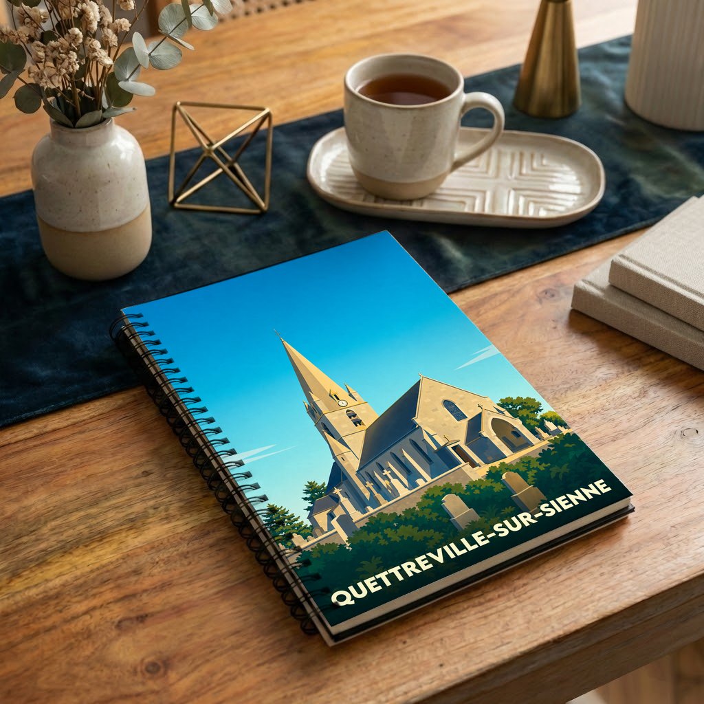 Carnet à spirales souvenir de Quettreville-sur-Sienne avec une illustration stylisée de son église.