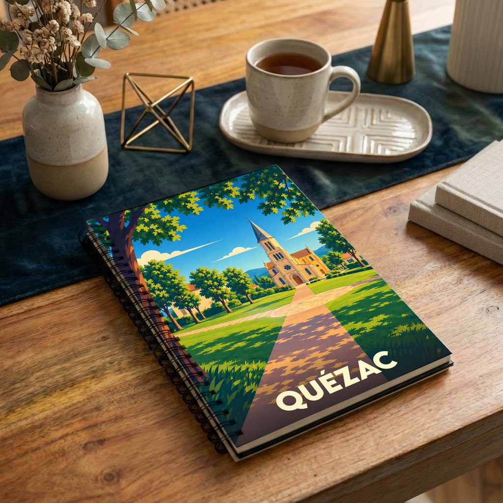 Carnet souvenir de la ville de Quézac avec une illustration stylisée.