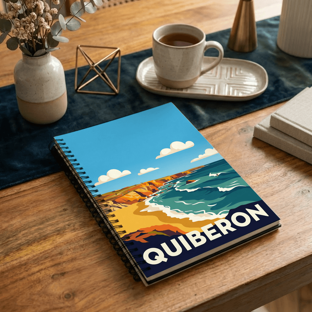 Carnet souvenir de la ville de Quiberon arborant une illustration stylisée de son paysage côtier.