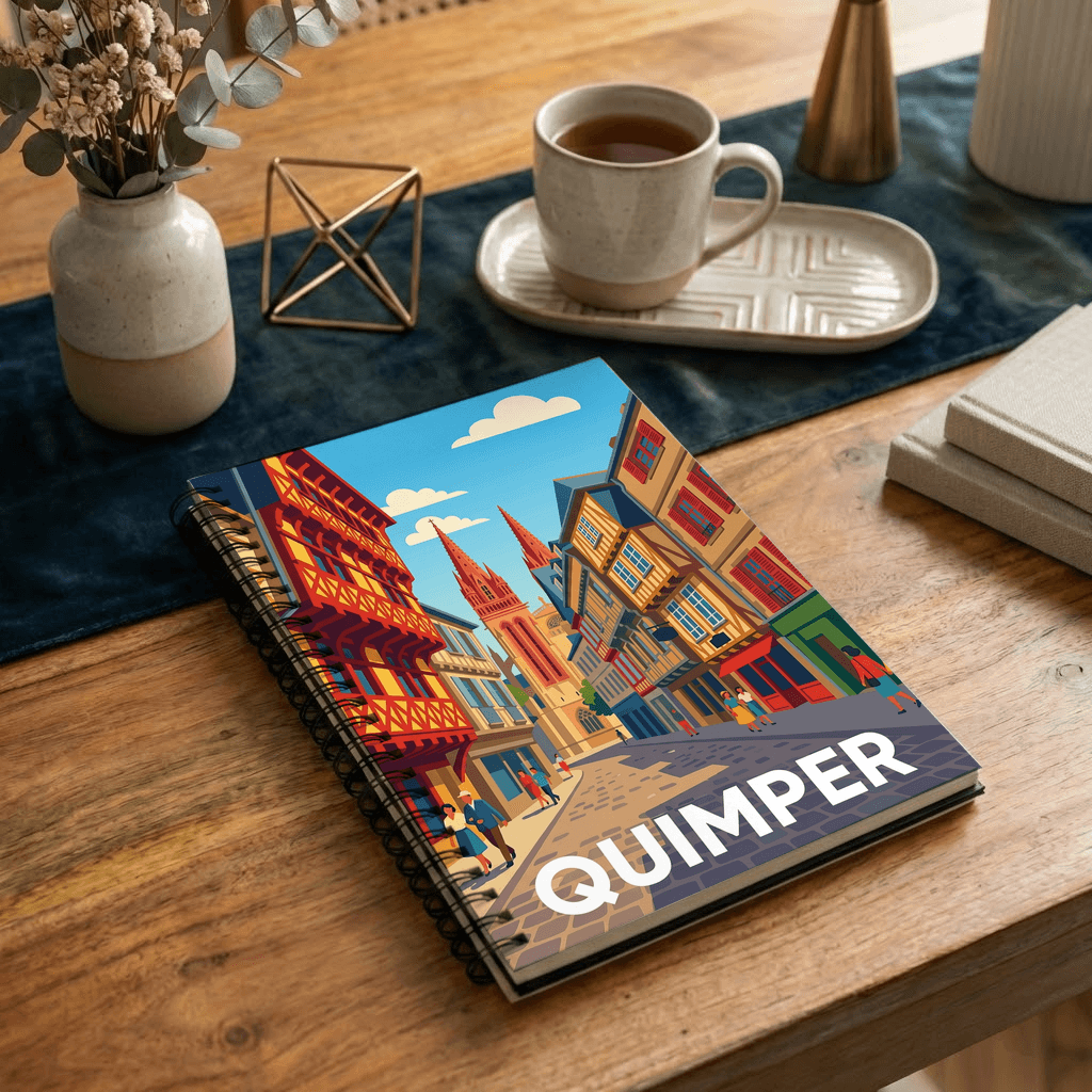 Carnet souvenir de la ville de Quimper avec une illustration stylisée de ses rues historiques.