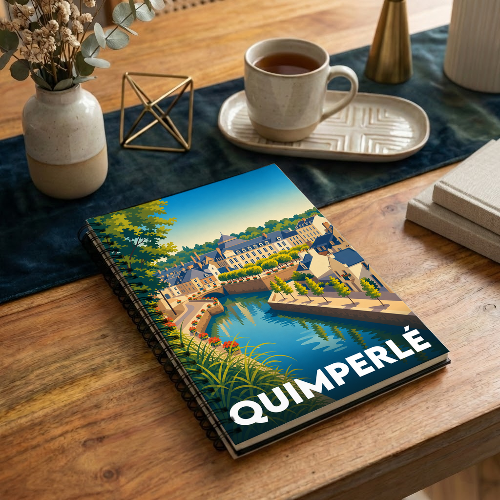 Carnet souvenir de la ville de Quimperlé avec une illustration stylisée.