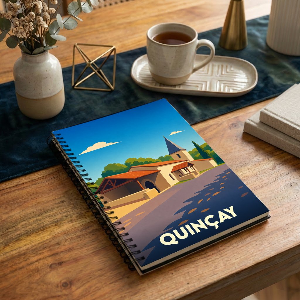Carnet souvenir de la ville de Quinçay avec une illustration stylisée.