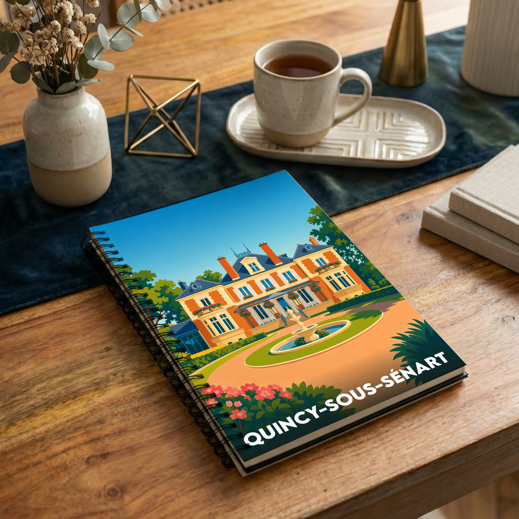 Carnet souvenir de la ville de Quincy-sous-Sénart avec une illustration stylisée d'un château.