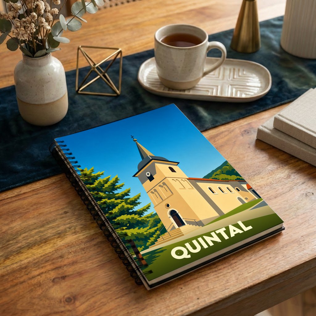 Carnet souvenir de la ville de Quintal avec une illustration stylisée de son église.