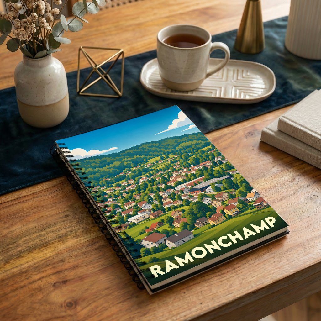 Carnet souvenir de la ville de Ramonchamp avec une illustration stylisée d'un paysage de montagne.
