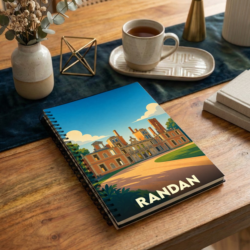 Carnet de notes à spirales souvenir de la ville de Randan avec une illustration stylisée du domaine royal.