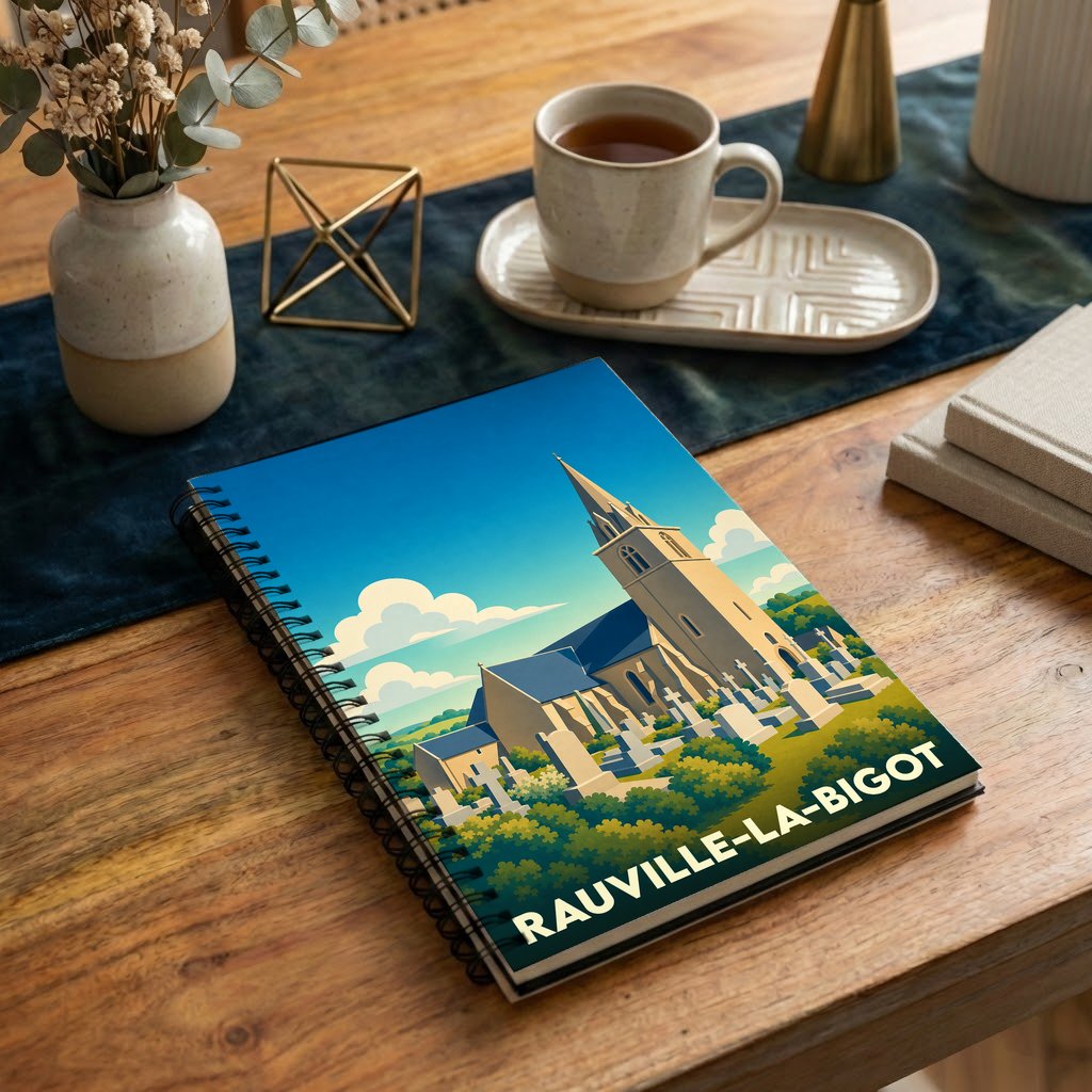 Carnet à spirales souvenir de Rauville-la-Bigot illustré d'une vue stylisée de son église et de son cimetière sous un ciel bleu.