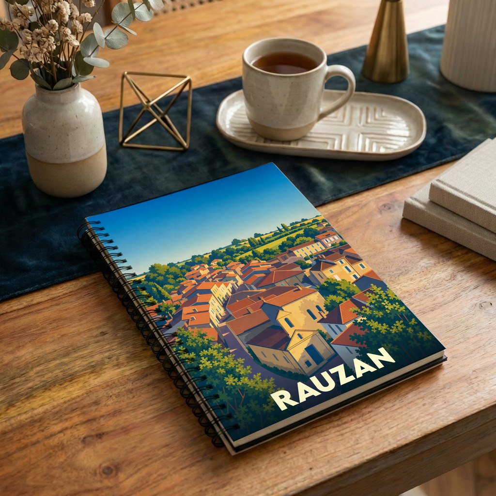 Carnet de notes souvenir de la ville de Rauzan avec une illustration stylisée de ses toits.