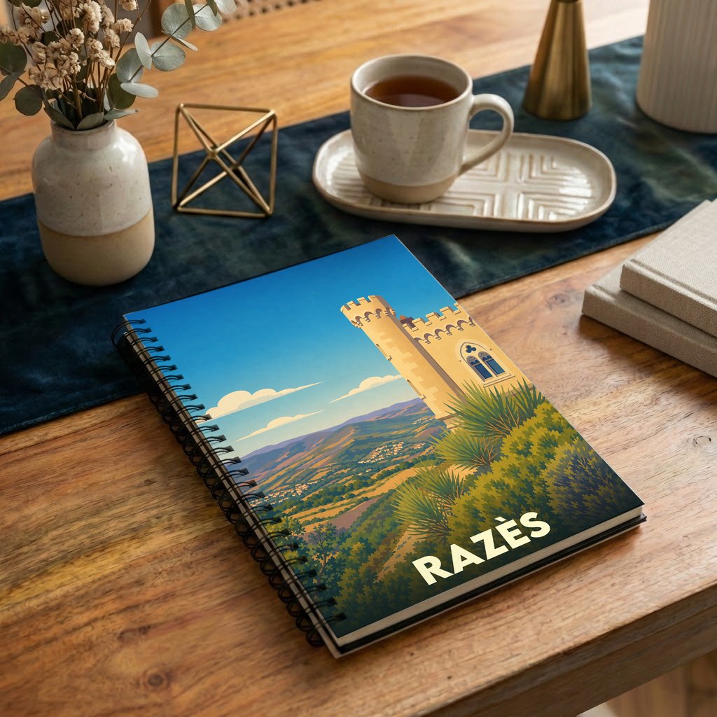 Carnet souvenir de la région du Razès avec une illustration stylisée d'une tour médiévale surplombant un paysage vallonné.