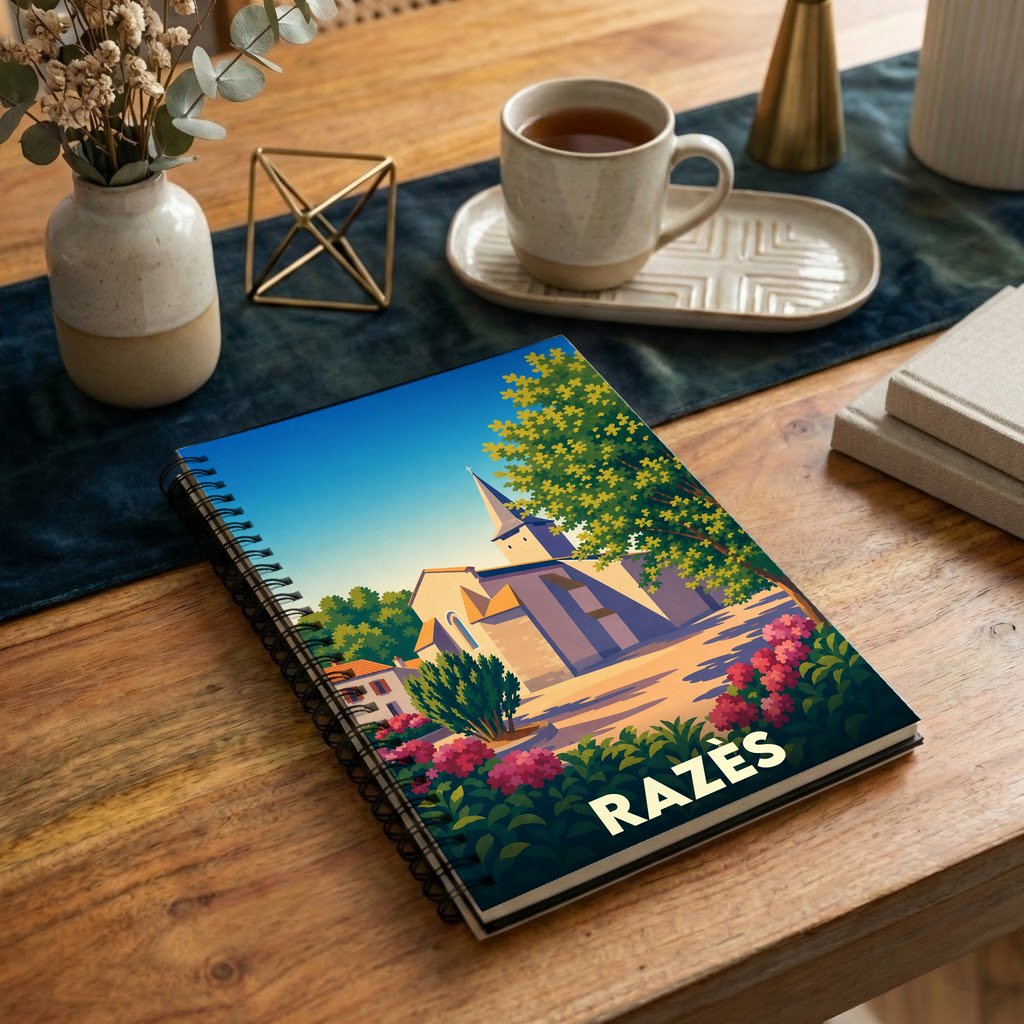Carnet à spirales souvenir de la ville de Razès avec une illustration stylisée et colorée de son église.