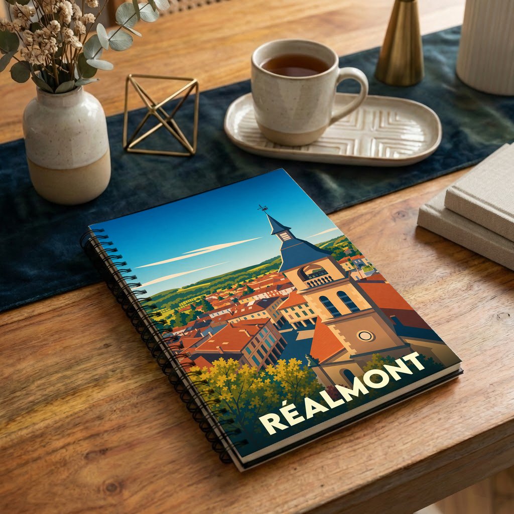Carnet souvenir de la ville de Réalmont avec une illustration stylisée.
