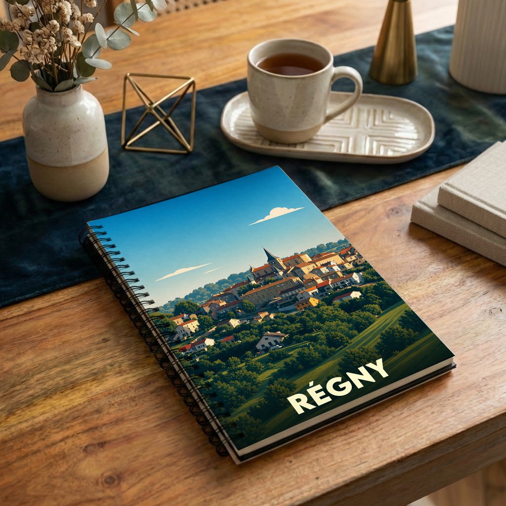 Carnet à spirales souvenir de la ville de Régny avec une illustration stylisée de son paysage urbain.