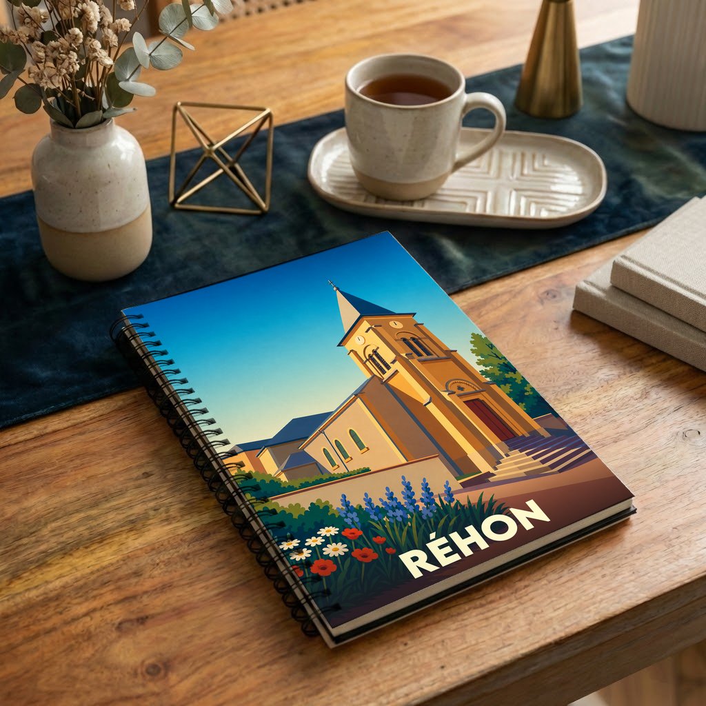 Carnet à spirales souvenir de la ville de Réhon avec une illustration stylisée de son église et de ses jardins.
