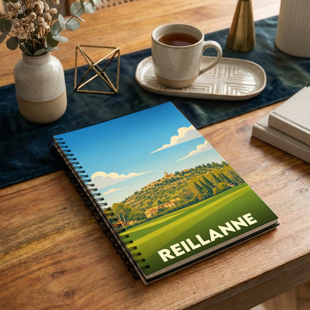 Carnet souvenir de la ville de Reillanne orné d'une illustration stylisée de ses paysages provençaux.