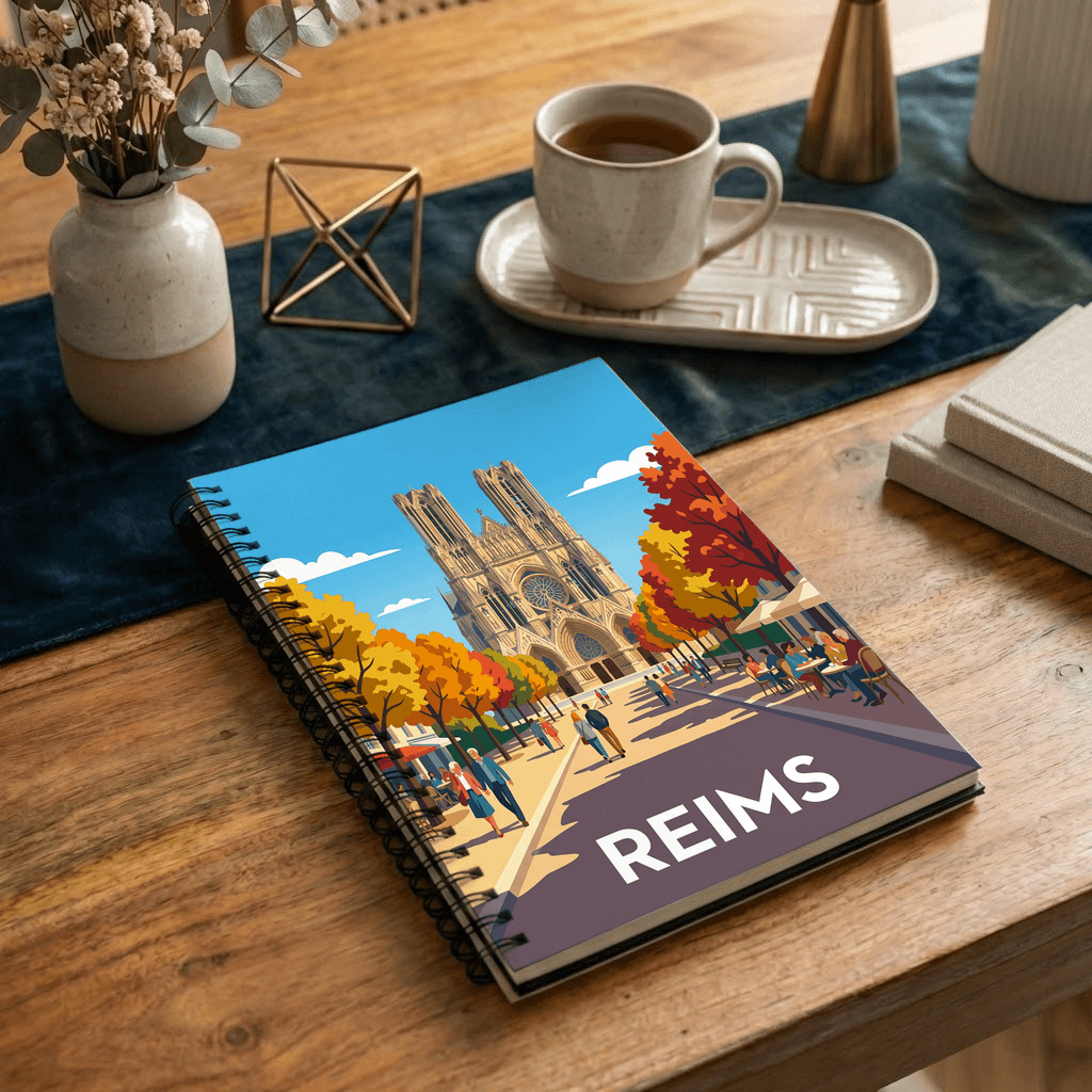 Carnet souvenir de la ville de Reims avec une illustration stylisée de sa cathédrale.