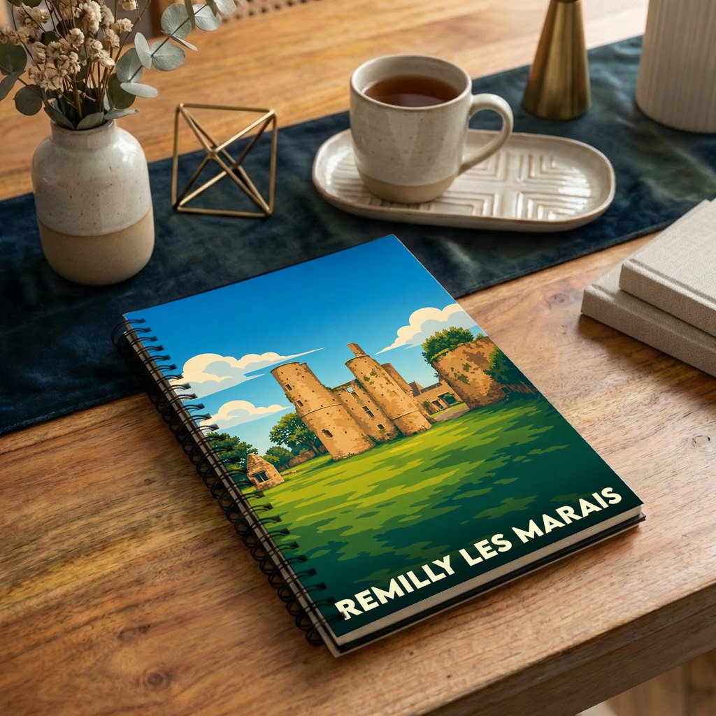 Carnet de notes à spirales souvenir de Remilly-les-Marais orné d'une illustration stylisée de son château.