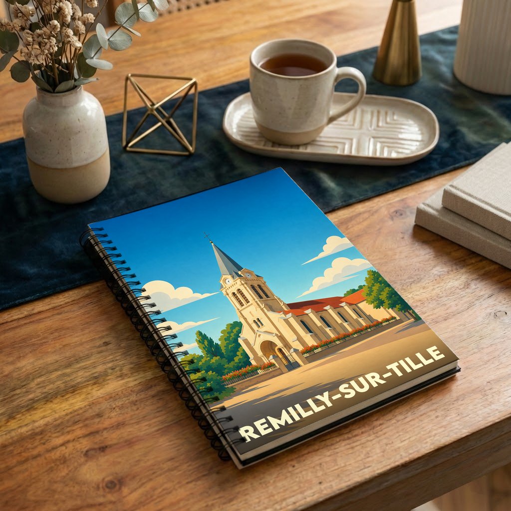 Carnet souvenir de la ville de Remilly-sur-Tille avec une illustration stylisée de son église.