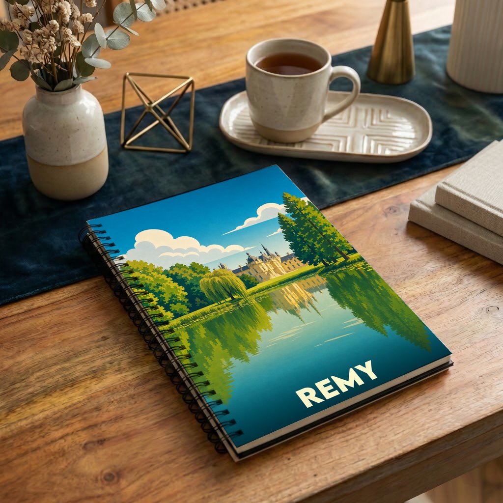 Carnet de notes à spirales souvenir de la ville de Remy avec une illustration stylisée d'un château se reflétant dans l'eau.