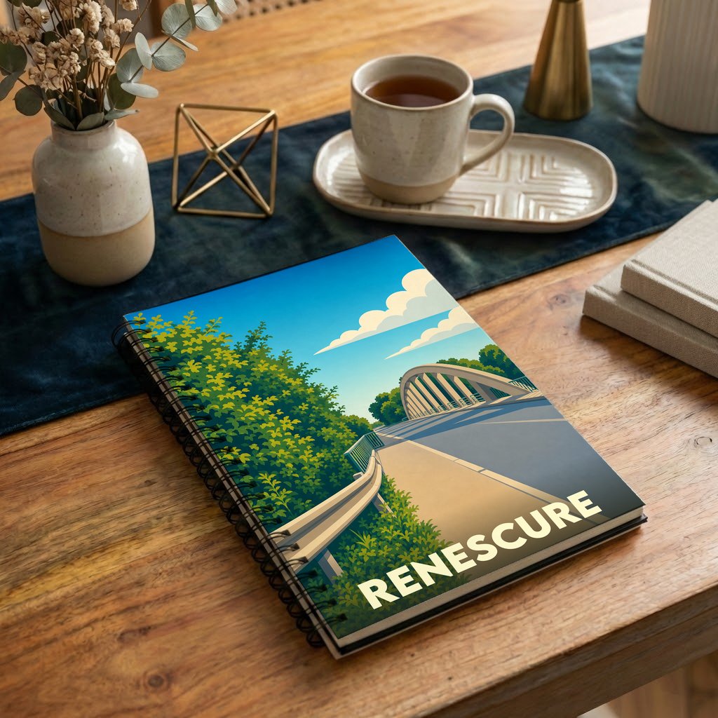 Carnet à spirales souvenir de la ville de Renescure avec une illustration stylisée de pont.
