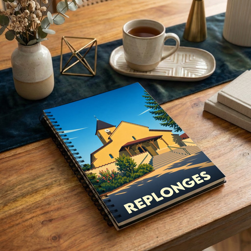 Carnet souvenir de la ville de Replonges avec une illustration stylisée de son église.