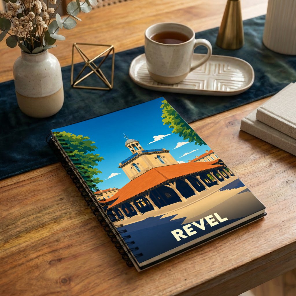 Carnet à spirales souvenir de la ville de Revel avec une illustration stylisée de sa halle centrale.