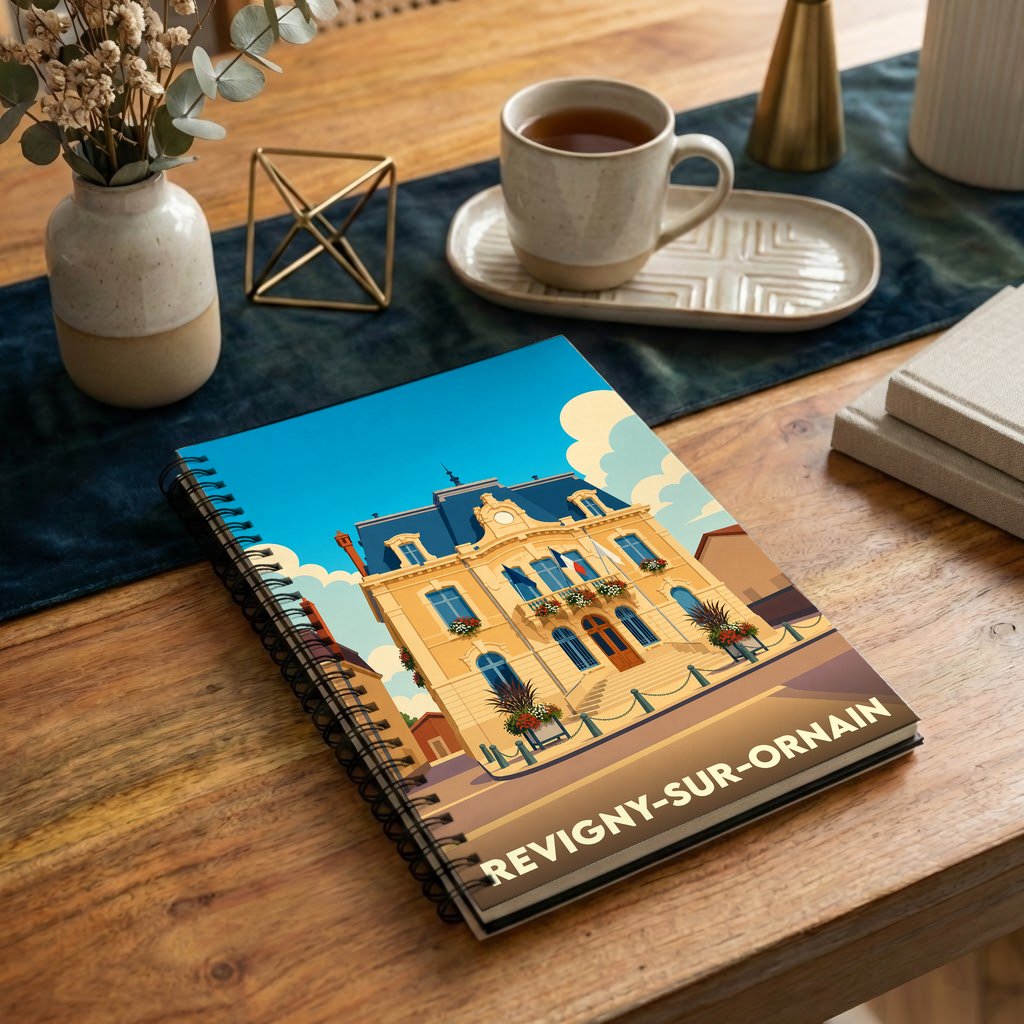 Carnet à spirales souvenir de la ville de Revigny-sur-Ornain avec une illustration stylisée de son hôtel de ville.