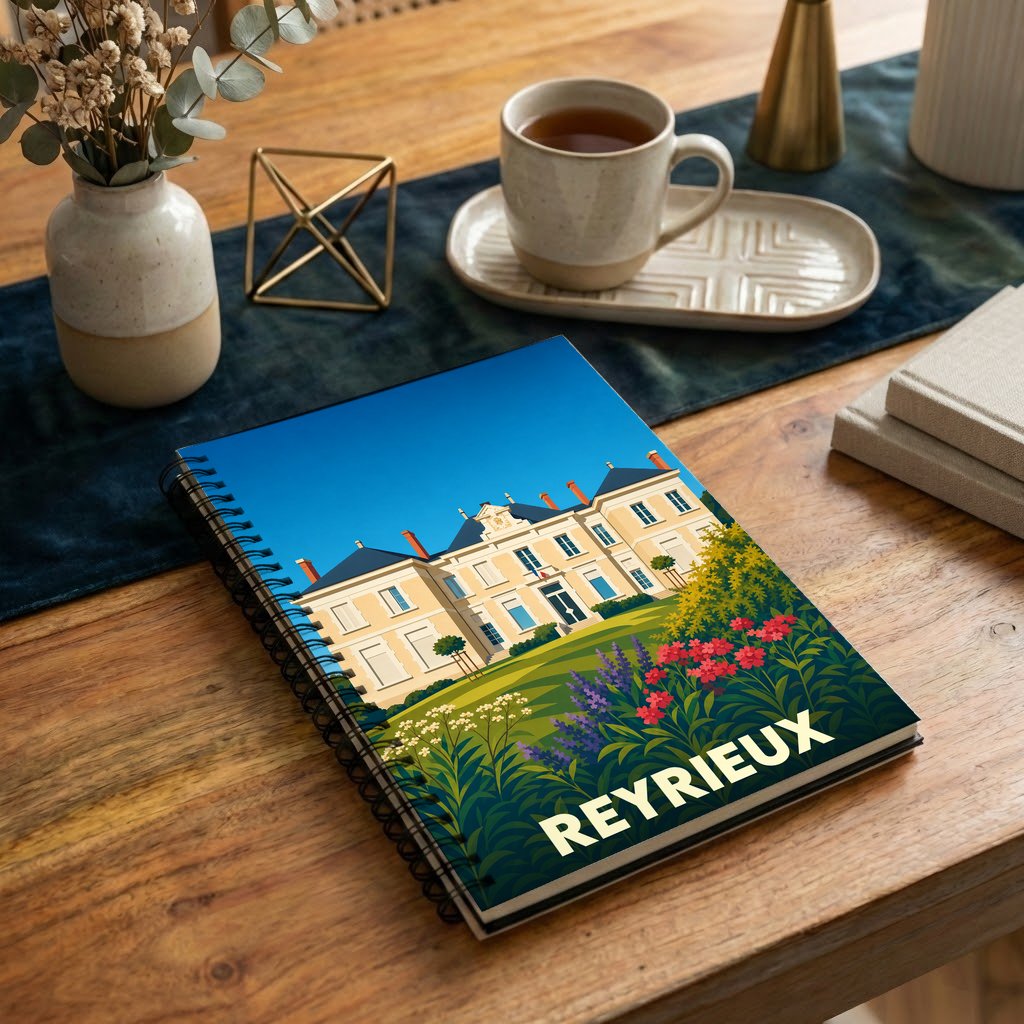 Carnet à spirales souvenir de la ville de Reyrieux avec une illustration stylisée de son château.