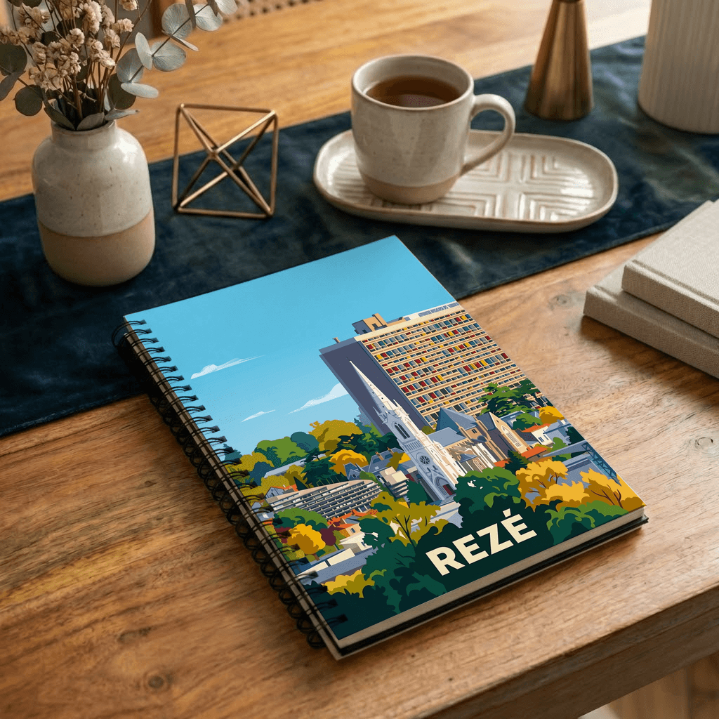 Carnet à spirale souvenir de la ville de Rezé avec une illustration stylisée et colorée.