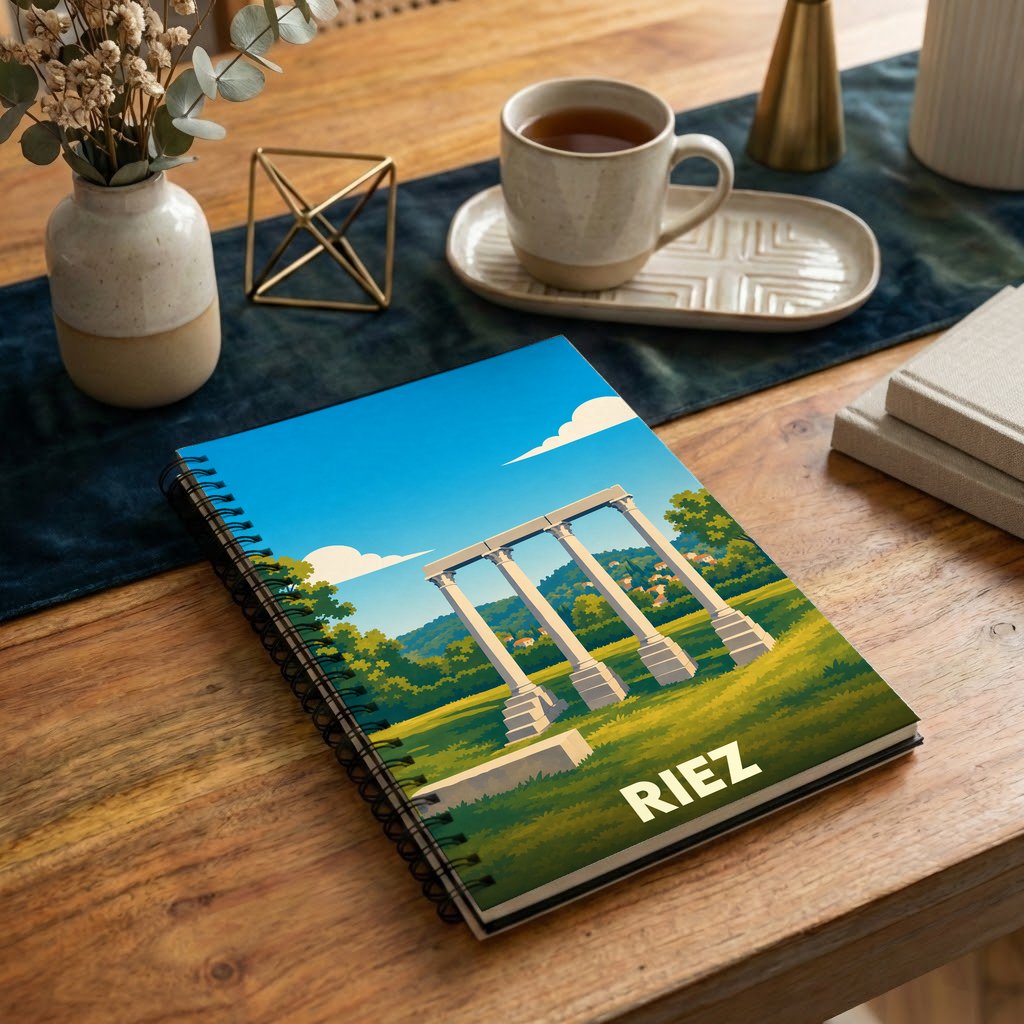 Carnet souvenir de la ville de Riez avec une illustration stylisée de ses colonnes romaines.