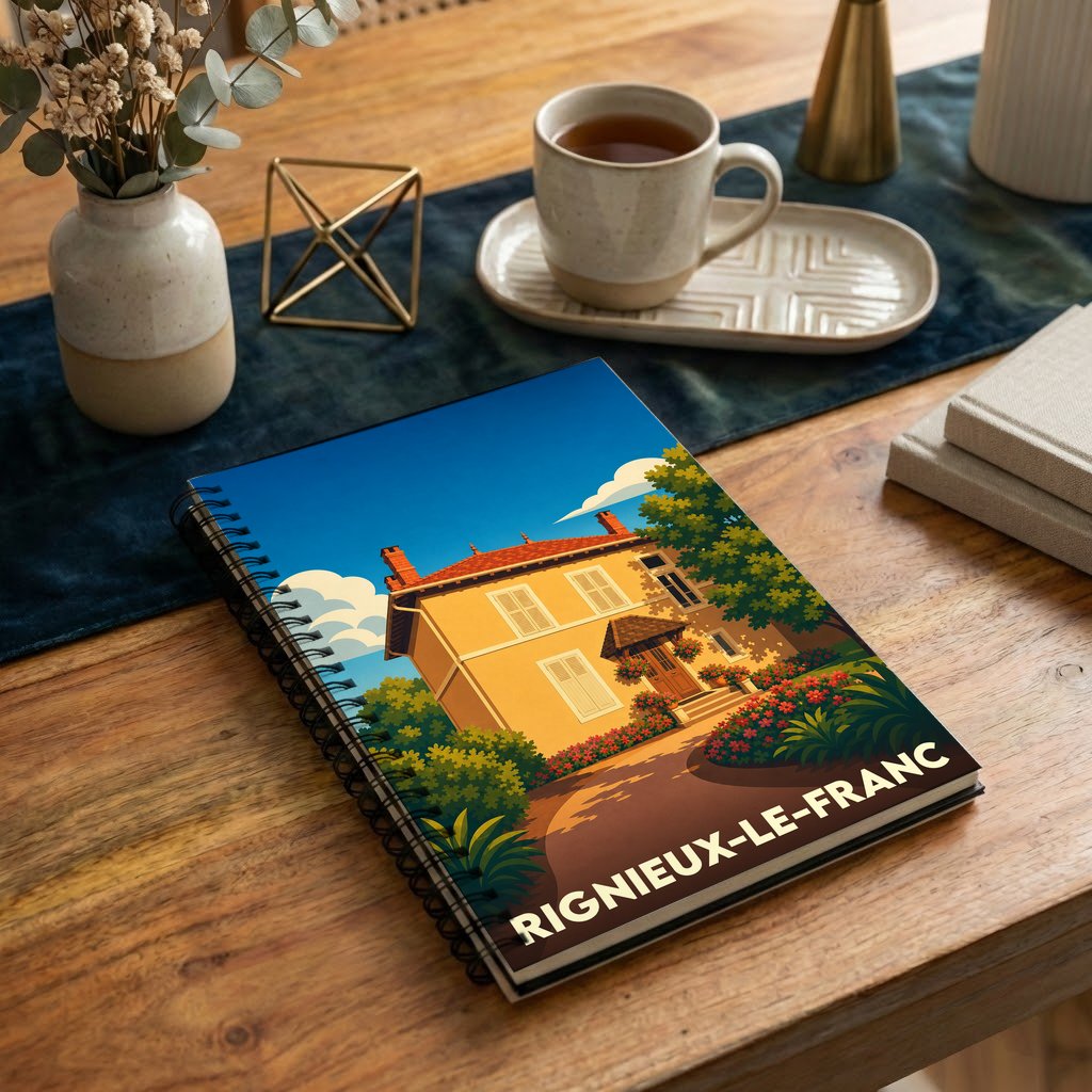 Carnet de notes souvenir de la ville de Rignieux-le-Franc avec une illustration colorée et stylisée d'une maison de campagne.