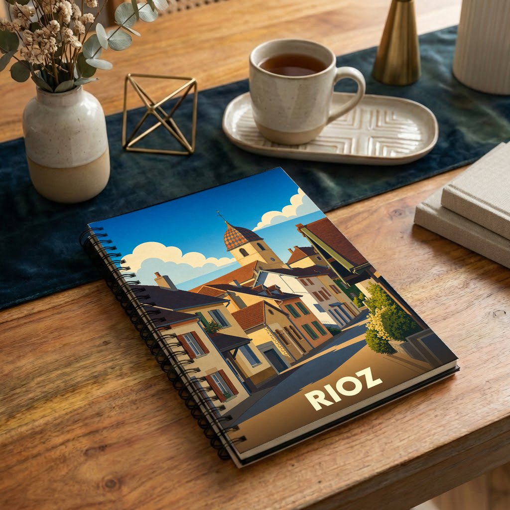 Carnet souvenir de la ville de Rioz avec une illustration stylisée de ses rues et de son clocher.