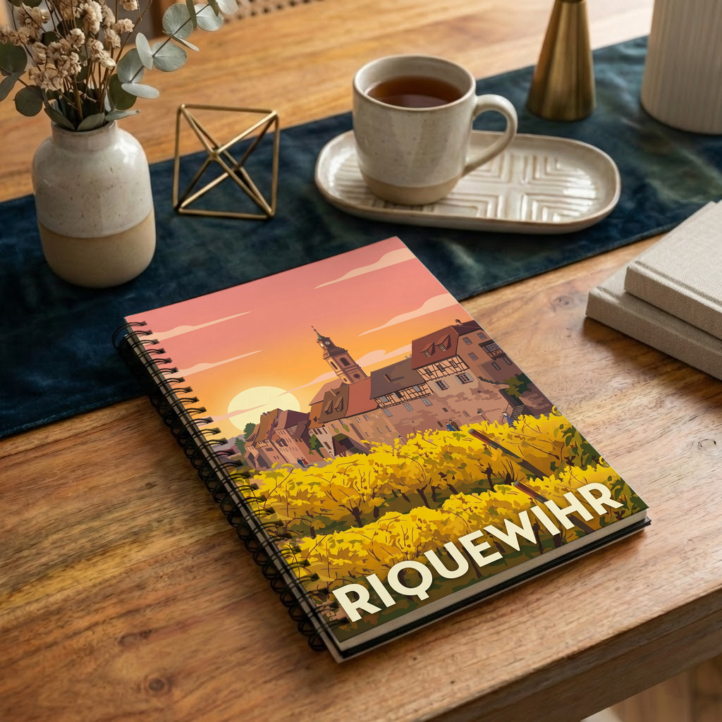 Carnet souvenir de la ville de Riquewihr avec une illustration stylisée de ses vignobles et de son architecture au coucher du soleil.