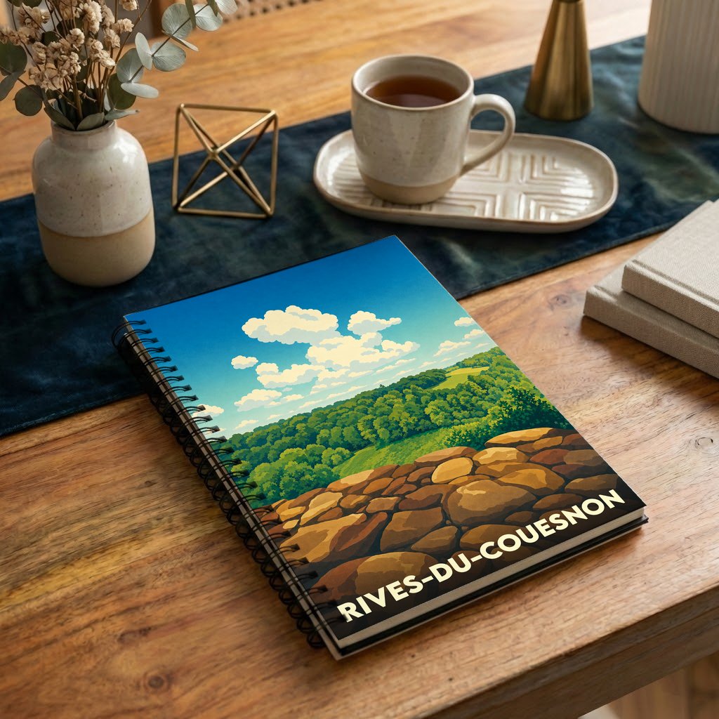 Carnet à spirales souvenir de la ville de Rives-du-Couesnon avec une illustration de paysage vallonné et boisé.