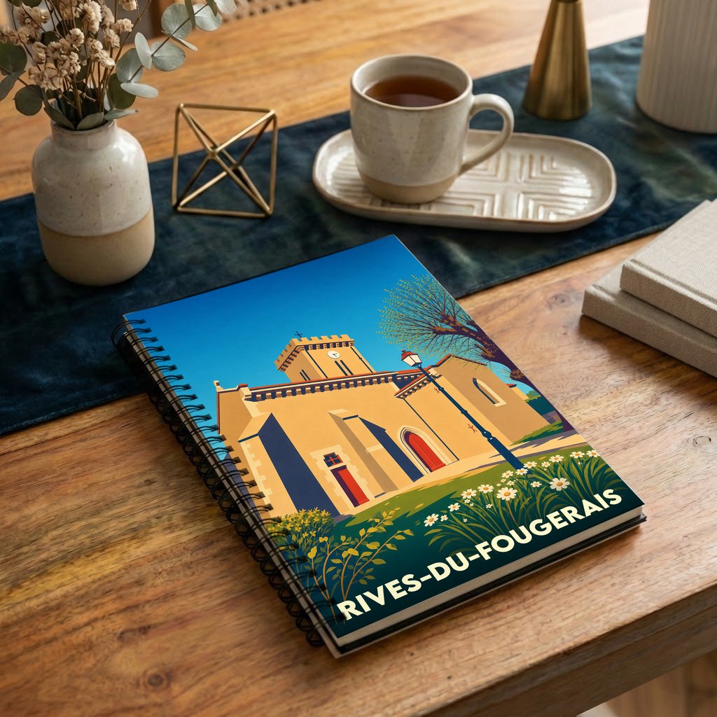 Carnet souvenir de la ville de Rives-du-Fougerais avec une illustration stylisée d'une église.